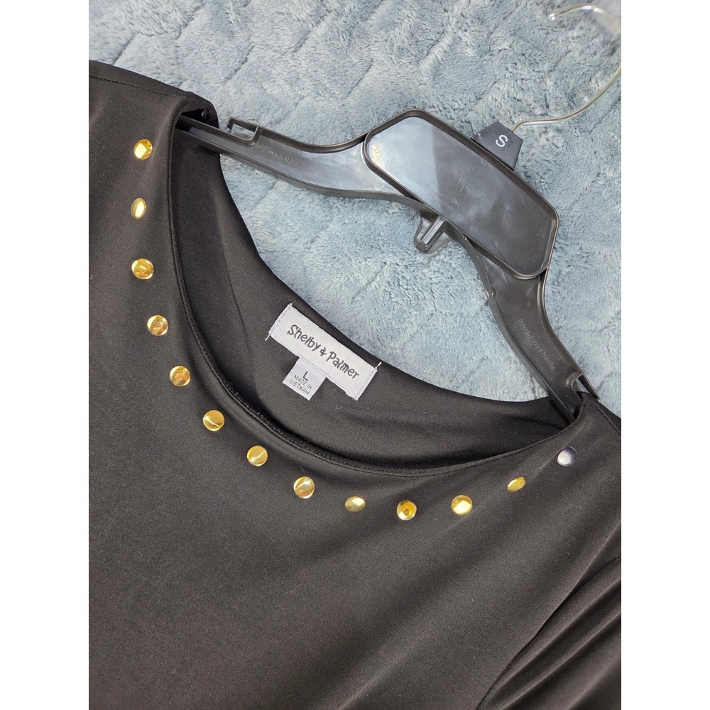 Shelby & Palmer Black Ruched Sheath Dress Gold Studded 3/4 Sleeve Womens Large